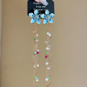 Blue oil-dripped flower tassel earrings with pearls and colorful beads for summer