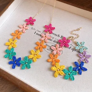 Bohemian Colorful Raffia Flower Necklace Bracelet For Women Summer Vacation Beach Style Handmade Woven Floral Jewelry Set Accessory