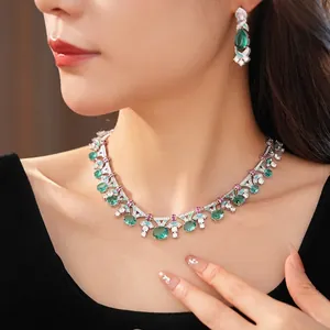 Elegant court style enamel and oval green zircon necklace and earring set