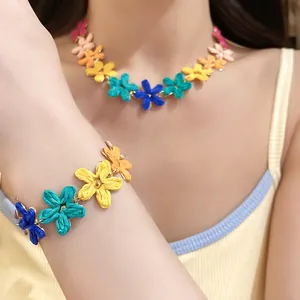 Bohemian colorful raffia flower necklace and bracelet set for vacation style