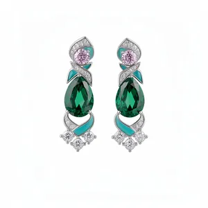 Vintage palace style enamel drop earrings featuring green pear-shaped and pink zircons