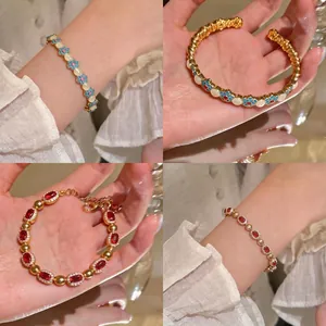 Bracciale Rigido Vintage in Rame con Fiori per Donna Geometrico Ovale Smalto Zirconia Intarsiata Stile Antico Gioielli Oro