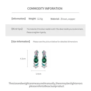 Detailed size and material specifications for elegant emerald green zircon drop earrings