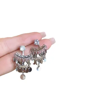 Elegant silver multi-layer sequin tassel earrings with rhinestones for women fashion jewelry