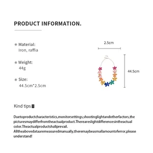 Detailed product information for colorful bohemian raffia flower necklace with dimensions