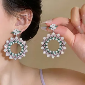 Vintage Copper Zirconia Artificial Pearl Round Loop Drop Earrings With 925 Sterling Silver Earring Post Elegant Geometric Flower Earrings For Women Wedding Party Jewelry