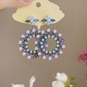 Elegant vintage pearl and multi-color zircon wreath drop earrings with flower studs