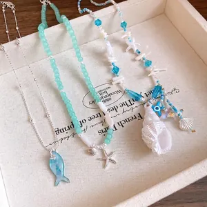 Collier en Perles Étoile de Mer Conque Océan Vacances Dopamine Glaçure Pierre d'Œil de Chat Pendentif Poisson Bijoux pour Femmes