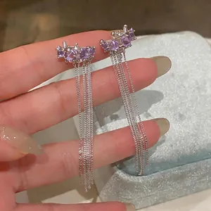 Purple Star Long Tassel Ear Cuff No Piercing Copper Zirconia Earrings With 925 Sterling Silver Earring Post For Women Jewelry