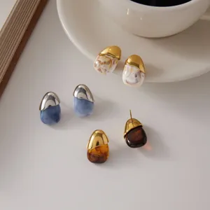 Chic teardrop stainless steel resin stud earrings in amber, blue, and marble white finishes