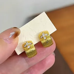 18K Gold Plated Cross Round Huggie Hoop Earrings For Women Luxury Brushed Metal Zirconia Inlaid Minimalist Jewelry Gift