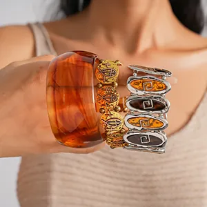 Retro Alloy Acrylic Bohemian Bangle Bracelet For Women Embossed Cross Fish Pattern Marbled Stripes Electroplated Jewelry Hand Accessory