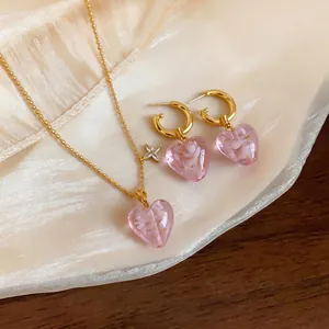 Elegant pink heart glass bead necklace and earrings set for a sweet romantic look