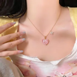 Elegant pink heart glass pendant necklace with gold chain for sweet girl style