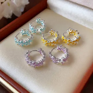 Zirkonia Emaille Blume Creolen Kupfer Mit 925 Sterling Silber Ohrstecker-Stift Frisch Floral Design Schmuck Für Damen