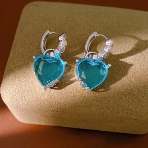 Elegant blue heart-shaped drop earrings with zircon inlays and MOM charm