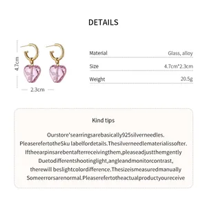 Product detail chart for pink heart glass earrings featuring 925 silver needles and dimensions