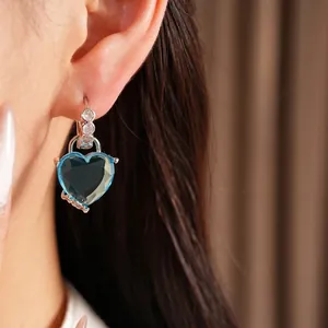 Elegant blue heart-shaped cubic zirconia hoop earrings for women, minimalist design