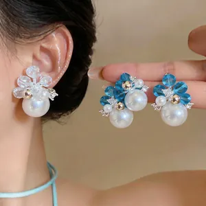 French Elegant Zirconia Artificial Pearl Stud Earrings With 925 Sterling Silver Earring Post Luxury Flower Earrings Women Jewelry