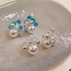 French style elegant pearl stud earrings with zircon and blue crystals