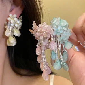 Süße Mädchen Rosa Blume Perlen Quasten Ohrringe Für Damen Urlaubsstil Harz Glasperlen Ohrring Mit Silber Ohrringpfosten