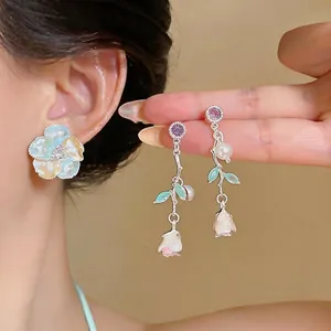 French Light Luxury Drip Glaze Rose Flower Stud Earrings With 925 Sterling Silver Post Rhinestone Pearl Drop Earrings For Women