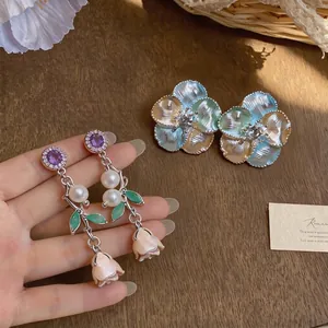 French luxury enamel rose flower dangle earrings featuring pearls and purple stones