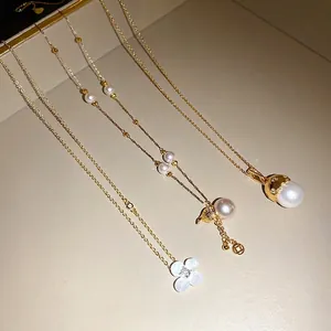 14K Gold Plated Resin Floral Gourd Pendant Necklace For Women Rhinestone Artificial Pearl Clavicle Chain Jewelry Gift