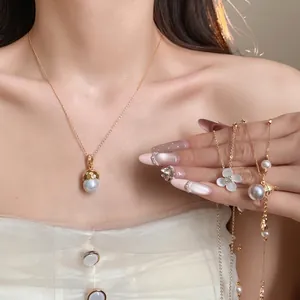 Elegant 14k gold plated flower and pearl pendant necklace with zircon for women