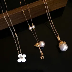Vintage 14k gold plated necklaces with zircon flower and pearl pendants elegant set