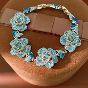 Vintage Blue Zirconia Flower Bracelet For Women Copper Luxurious Inlaid Floral Link Bracelet Light Luxury Jewelry