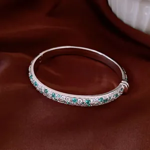 Mint Sea Salt Blue Zirconia Bangle For Women Silver Plated Copper Inlaid Round Zircon Bracelet High-End Luxury Fashion Hand Jewelry