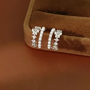 Double Layer Butterfly C-Shaped Stud Earrings For Women Copper Zirconia Artificial Pearl Silver Earring Post Elegant Jewelry