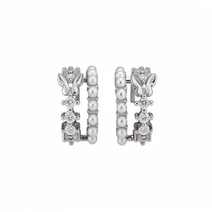 Silver hollow C-shaped stud earrings with butterfly, zircon, and pearls