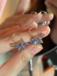 Nahaufnahme von silbernen Trauben-Ohrklemmen mit lila Zirkonia-Steinen, in der Hand