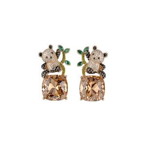 Pendientes vintage de panda y bambú con cristal ámbar cuadrado colgante
