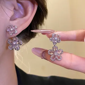 Pink Zirconia Flower Stud Earrings with 925 Sterling Silver Earring Post Retro Sweet Copper Base High End Women Jewelry