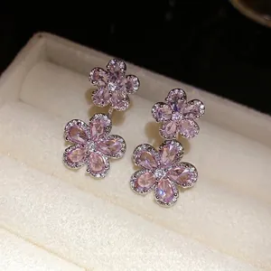 Vintage pink zircon flower stud earrings with elegant silver needle luxury design