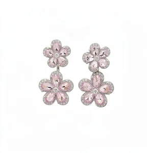 Elegant pink zircon flower drop earrings with silver finish and teardrop petals