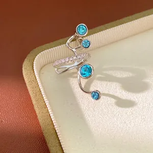 Elegant silver plated multilayer ear cuff with blue zircons and crystals for non-pierced ears