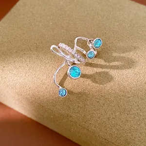 Sparkling blue zircon multi-layered ear cuff for non-pierced ears in silver finish
