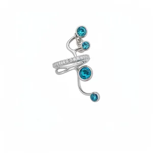 Elegant multi-layer ear cuff with blue zircons for non-pierced ears, silver finish