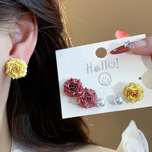 Elegant French style resin rose and pearl stud earring set with sweet floral design