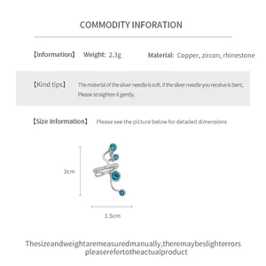 Detail showing measurements and materials of blue zircon multi-layer ear cuff jewelry