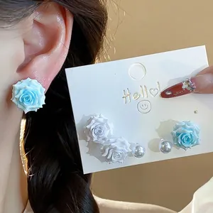 Elegant French style sweet resin flower and pearl stud earring set for fashion women.