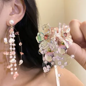 Elegant Luxury Artificial Pearl Rhinestone Tassel Earrings For Women Fashion Geometric Flower Silver Earring Post Drop Earrings