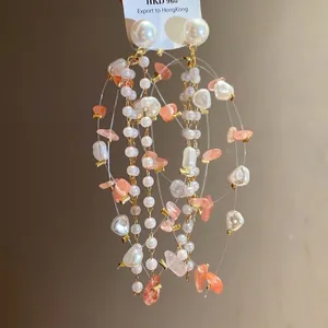 Elegant pearl and peach stone long tassel dangle earrings for women