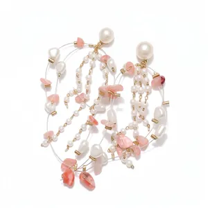 Elegant long tassel earrings with white pearls and pink stones, silver needle back.