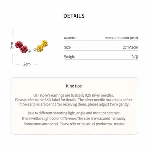 Detailed product specifications for resin flower pearl stud earrings set with dimensions.