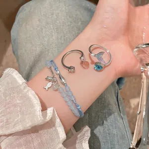 Summer Fresh Style Beaded Woven Rope Fish Bracelet And Mermaid Tail Open Ring Alloy Stone Rhinestone Jewelry For Women